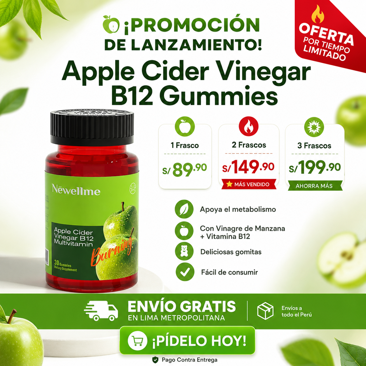 Néwellme Apple Gummies Vinagre de Sidra de Manzana con B12 y Multivitamínico